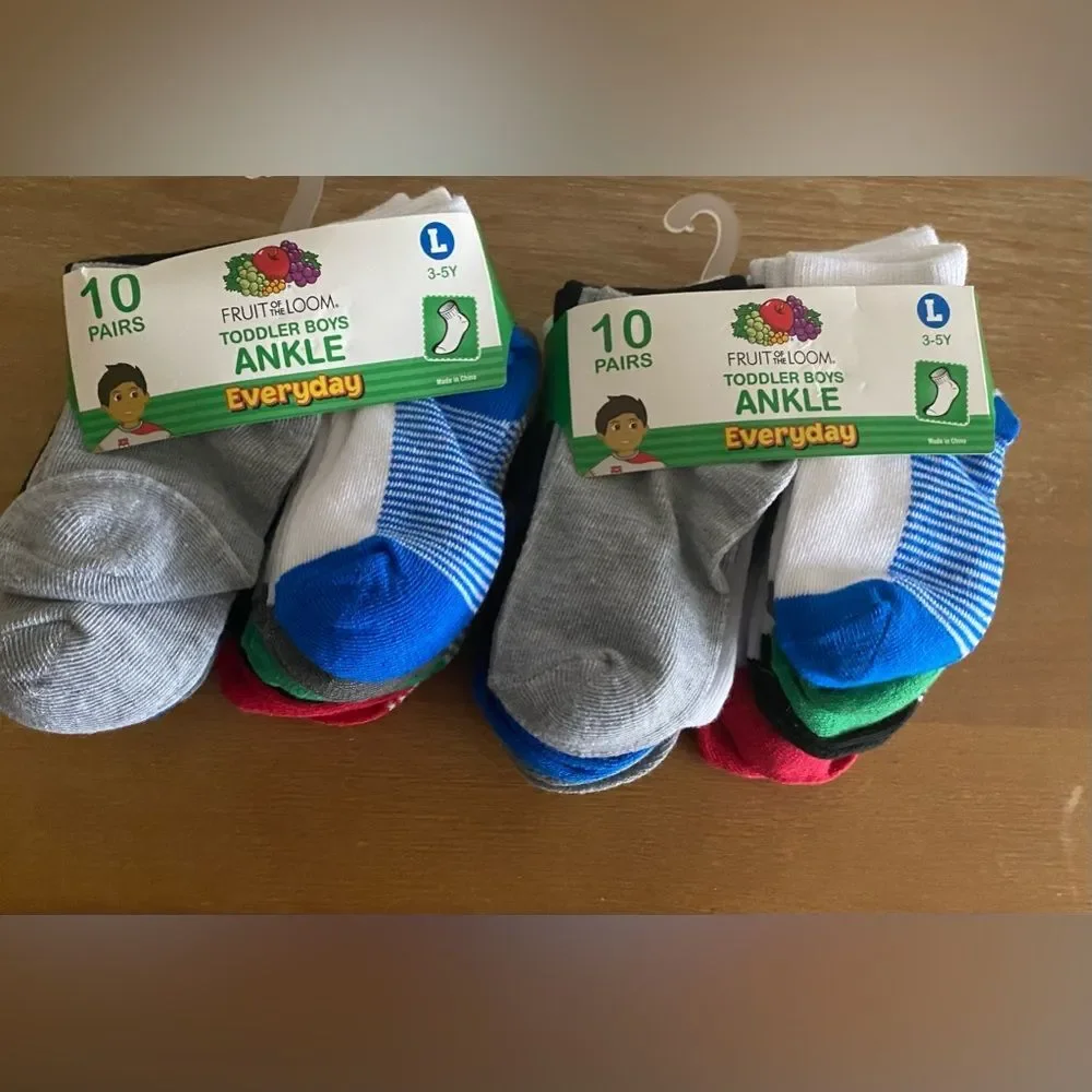 Fruit of the Loom Toddler Boy Ankle Socks 3-5 years shoe size 7.5-11t 20 pairs